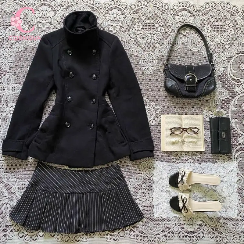 Vintage Japanese Doll Style 2 Piece Set Women Double Breasted Turtleneck Coat Pleated Striped Mini Skirt Slim Fit Preppy Casual