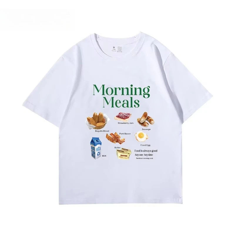 Oversized T-shir Korean Breakfast Milk Fun Printed Round Neck Casual Fashion Short Sleeve T-Shirt fo