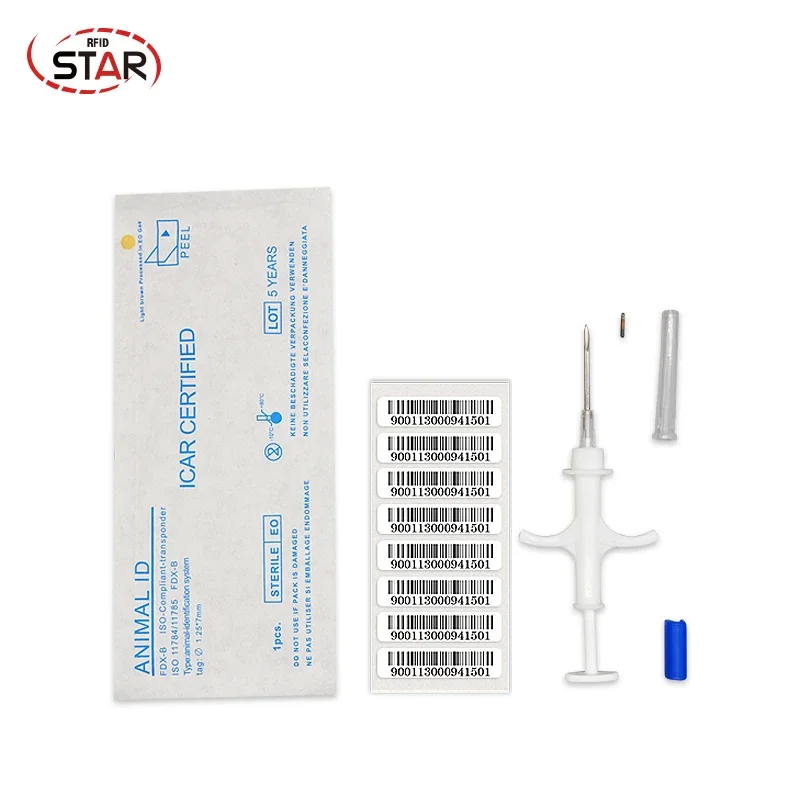 (60pc) 1.25*7mm ISO FDX-B 134.2KHz Glass Tag Chip RFID Pet Microchip Syringe Animal injector EM4305 Rfid Microchips For Dogs Cat