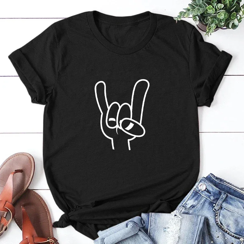 Funny Fingers Graphic Print Women T-Shirt 2024 Fashion Casual Tops Basis O Neck Tops Shirt Short Sleeve Tee Aesthetic Clothing