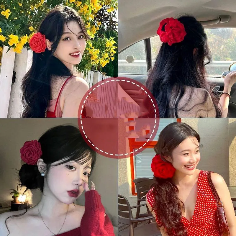 Zhao Lusi\'s Same Style Red Rose Gripper Three-Dimensional Flower Headdress On The Back Of The Head