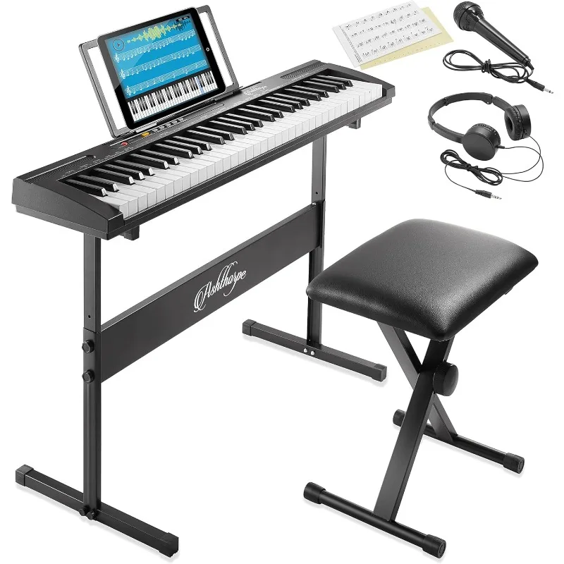 

Ashthorpe 61-Key Digital Electronic Keyboard Piano for Beginners, Includes Stand, Bench, Headphones, Mic and Keynote Stickers