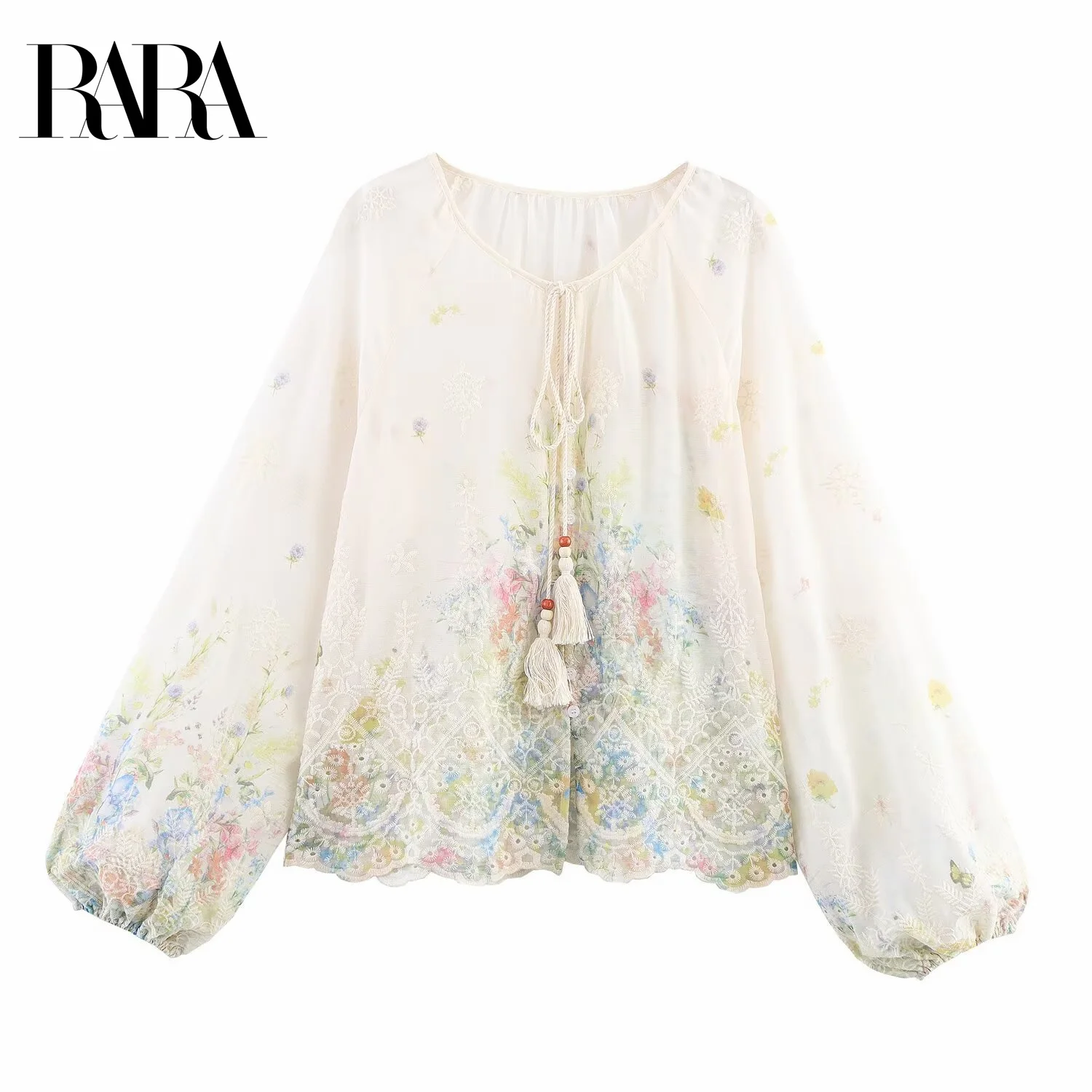 

RARA2025 new summer women's clothing fashion simple versatile printed lantern sleeves single-breasted long-sleeved shirt