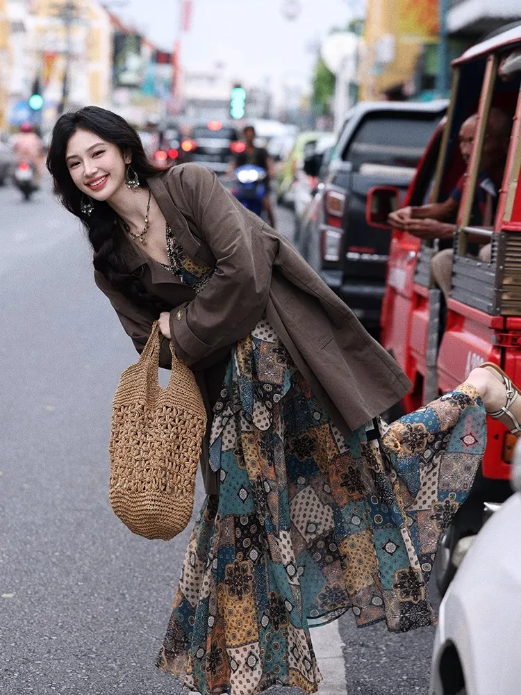 REDDACHiC Vrouwen Boho Print Top Rok Set Fringe Geweven V-hals Cami Elastische Taille Flowy Lange Rok Vakantie Retro Zomer Kleding