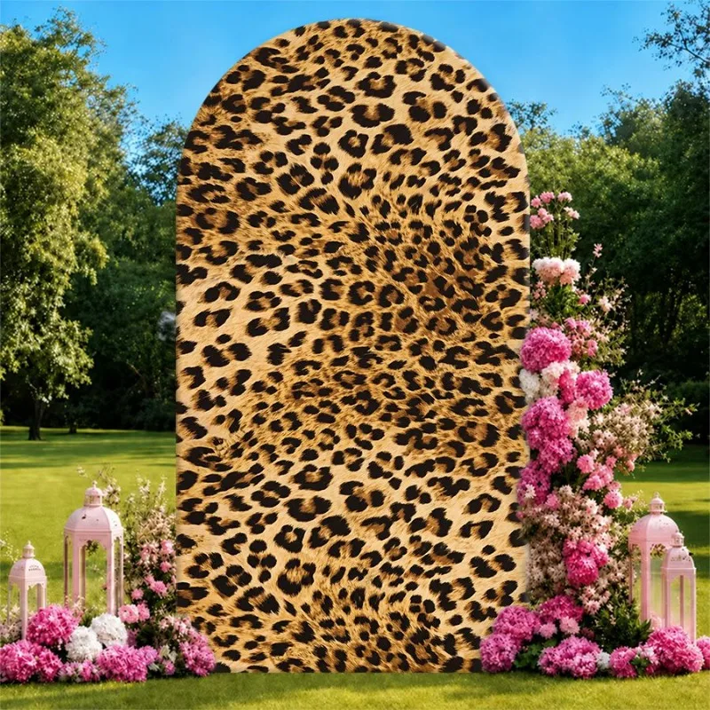 

Single Side Arch Backdrop Cover Leopard Print Backdrop for Elegant Party Decorations with Floral Arrangements and Lanterns