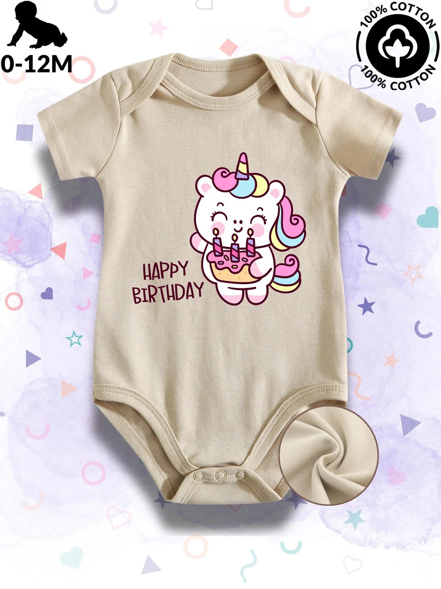 

Happy Unicorn Birthday Unisex Baby Bodysuit, 100% Cotton Soft Onesie, All-Season Wear Beige Crawling Suit 190GSM