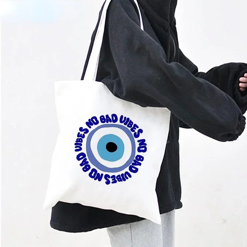 Women Casual Shopping Canvas Bag Storage  Student Bookbag Shoulder Bag Tote Handbag Turkish Blue Evil Eye Large Capacity