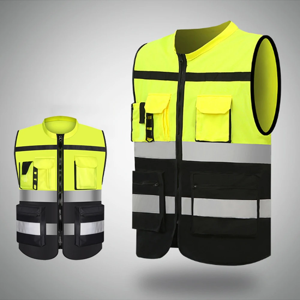 

Two Tone Workwear Vest with Pockets and Zipper Custom LOGO Construction Safety Work Clothing for Men Women
