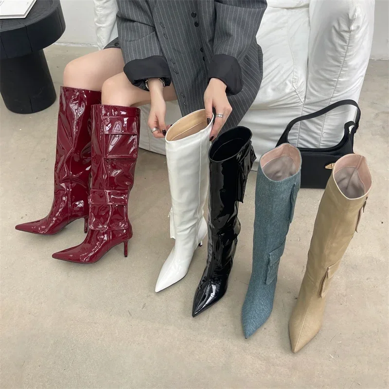 2025 New Winter Design BIG Szie 43 Women Knee-High Boots Sexy Pointed Toe Thin Heels Stripper Shoes Largas De Mujer