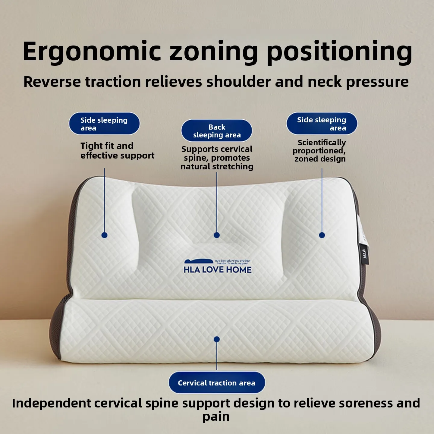 40x60x9cm Ergonomic Zoned Neck Pillow, Soft Breathable Support Cushion with Moisture Wicking Cover for Bedroom Sleep Daily Use
