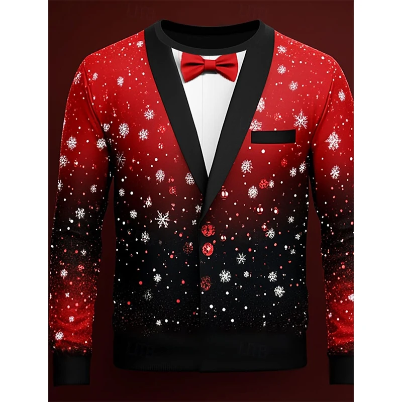 Christmas Fake Bow Tie T-Shirts Snowflake 3D Print Men Long Sleeved T Shirt Oversized Pullovers Harajuku Tees Tops Kids Clothing