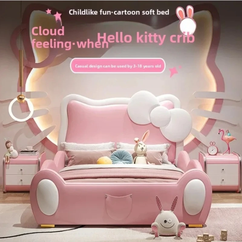 Cama moderna de 150x200cm con estampado de dibujos animados para niña, marco de cama tamaño queen rosa, cama doble completa, muebles de dormitorio completos