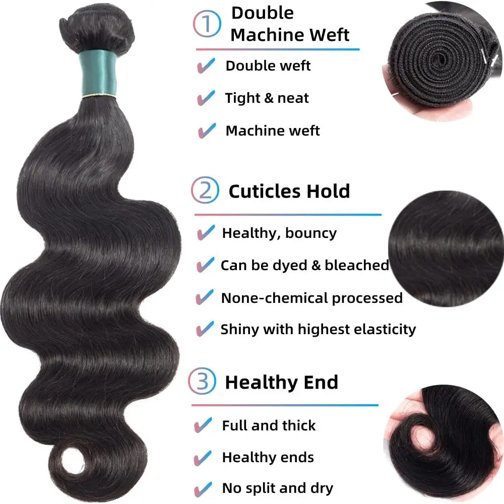 Bundles de cheveux humains Body Wave, tissage brésilien 100% non traité, 10A, 22 po, 24 po, 26 po, 3 faisceaux