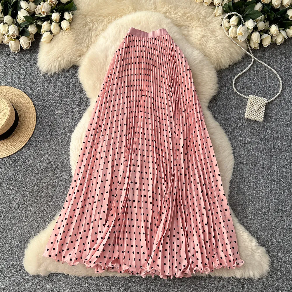 Korean Style Polka Dot Print Pleated A-line Long Skirts Women 2026 Spring Summer High Waist Casual Skirt