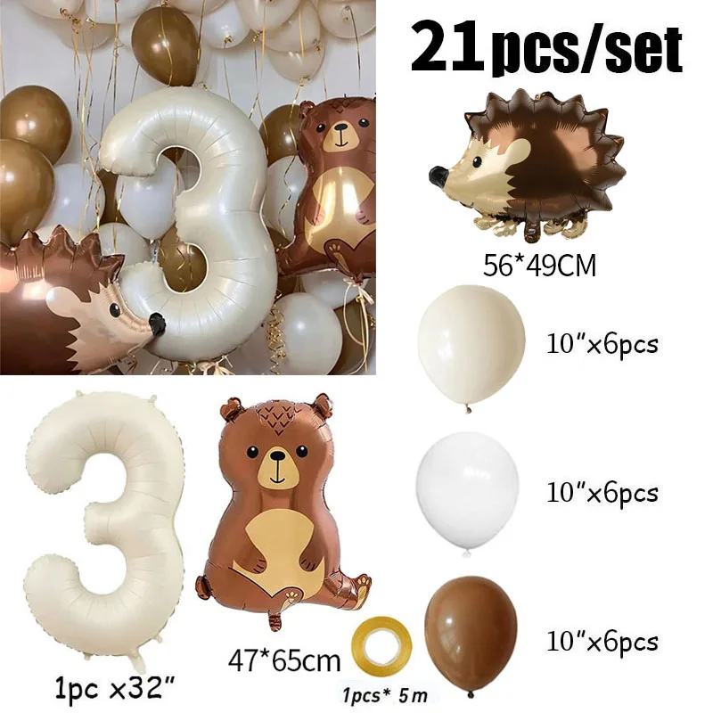 21pcs 32inch Cream Number Bear Hedgehog Animal Foil Balloons Birthday Party Decorations Kids Girl Boy 1 2 3 4 5 6 7 8 9 Year Old