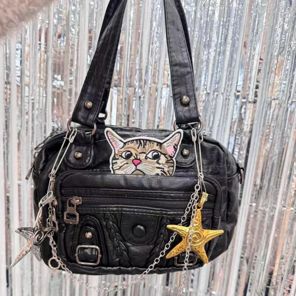 Y2K Star Charm Shoulder Bag for Women Cat Embroidered Faux Leather Hobo Bag