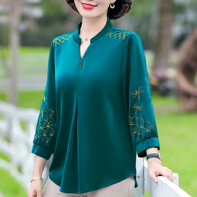 Women Clothes Vintage Embroidery Elegant Blouses Summer Fashion V Neck Three Quarter Sleeve Shirts Solid Loose Ladies Tops S-5XL