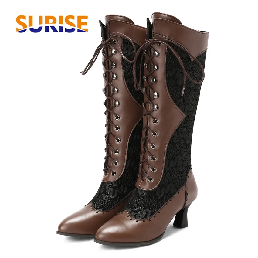 

Winter Victorian Women Mid-calf Boots White Black Brown Leather High Kitten Heels Party Dress Lady Pointed Toe Lace Up Plus Size