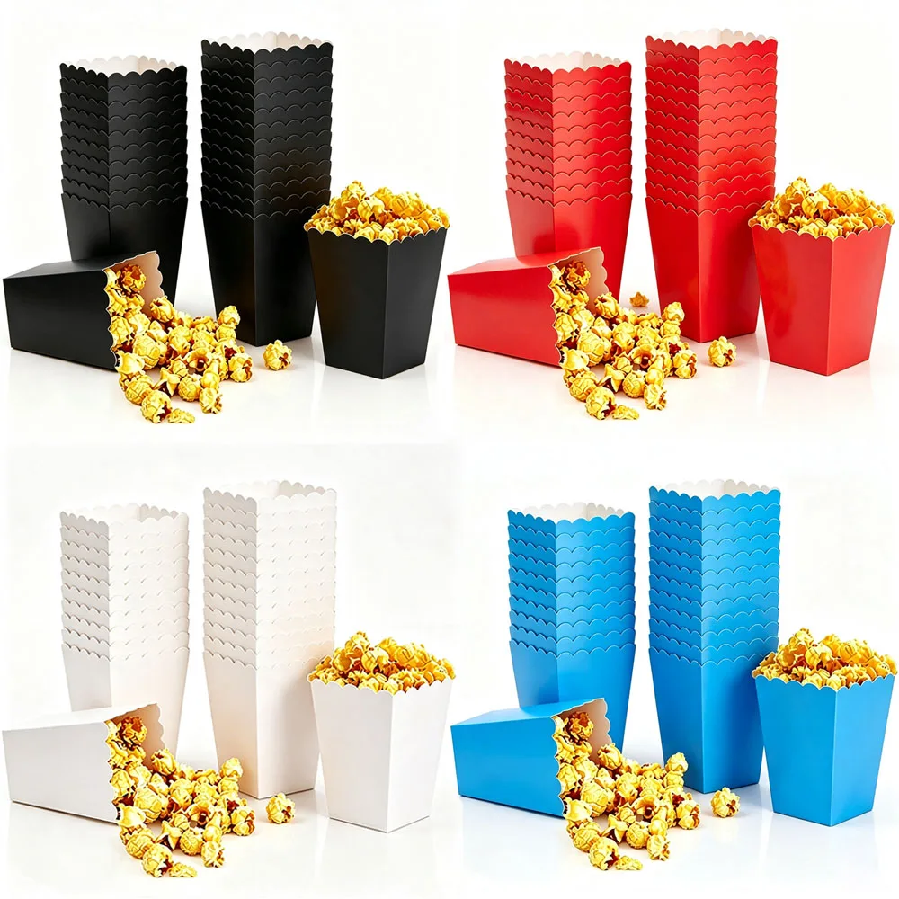 10-100Pcs Solid Color Popcorn Boxes Black Red White Blue Paper Snack Treat Box Disposable Candy Container Birthday Wedding Decor