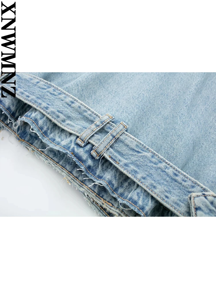 XNWMNZ Women Fashion Spring Autumn Denim Trench Coat Simple Casual Short Belt Double Breasted High Street Female Jacket Top