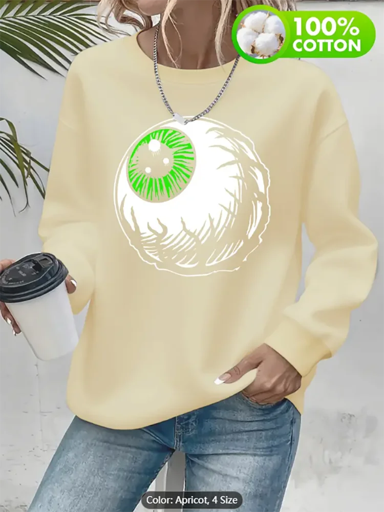 

Womens Grey Sweatshirt Green Eyeball Graphic Print 100% Cotton Casual Oversized Pullover Top for Edgy Style Lovers Pure Cotton