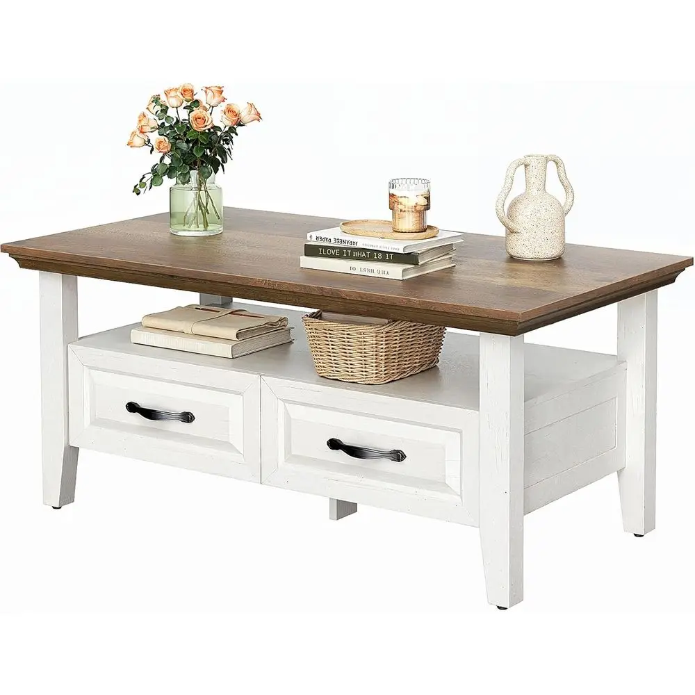 

armhouse Coee Table with Storage, 39.4" Wood Coee Table or Living Room, Rustic Center Table with 2 Ders, Open Display Area, Brow