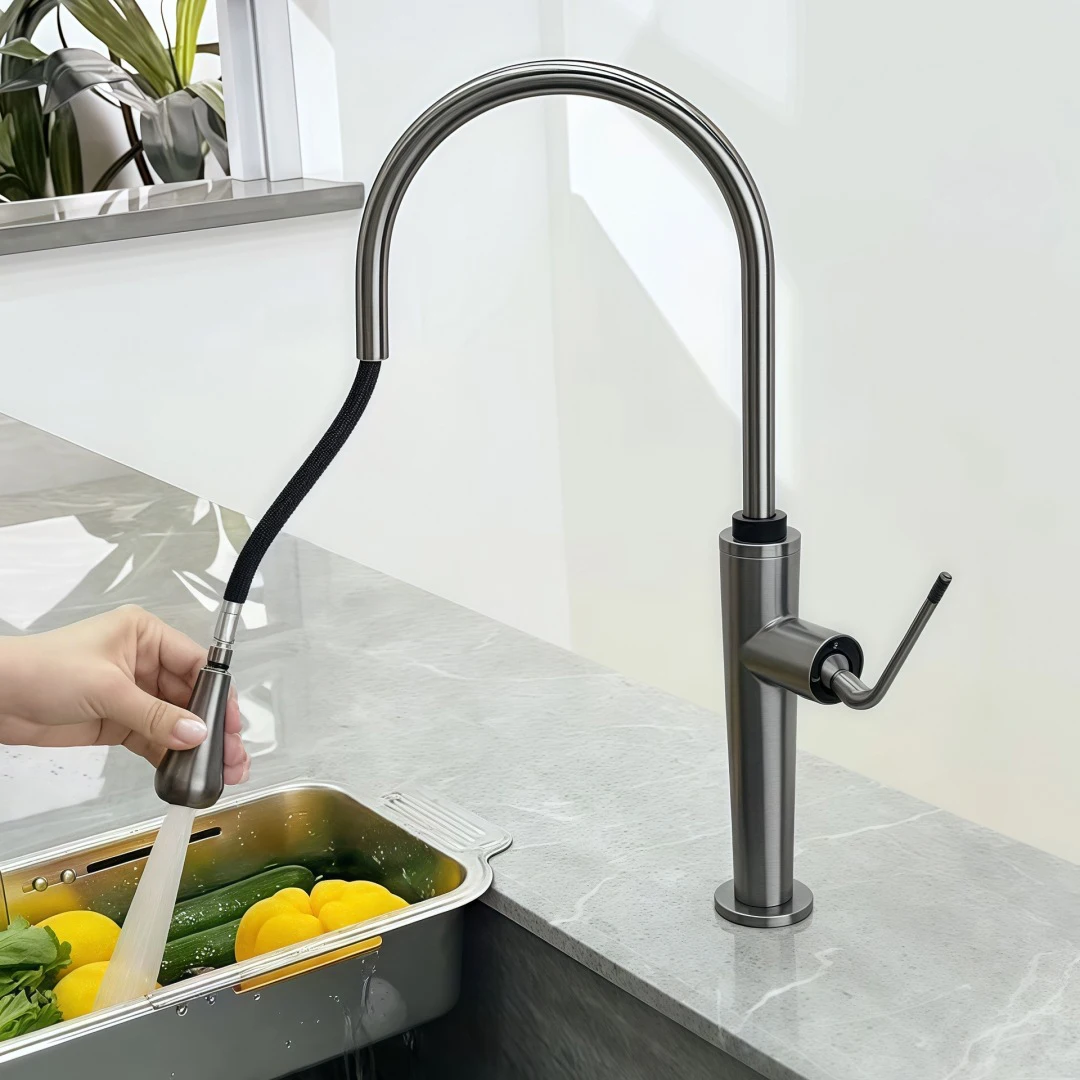 

New Fashion Gun Gray Small Torch Cold And Hot Water Kitchen Use Dish Basin Pull-Out Faucet Countertop Basin Pull-Out Faucet