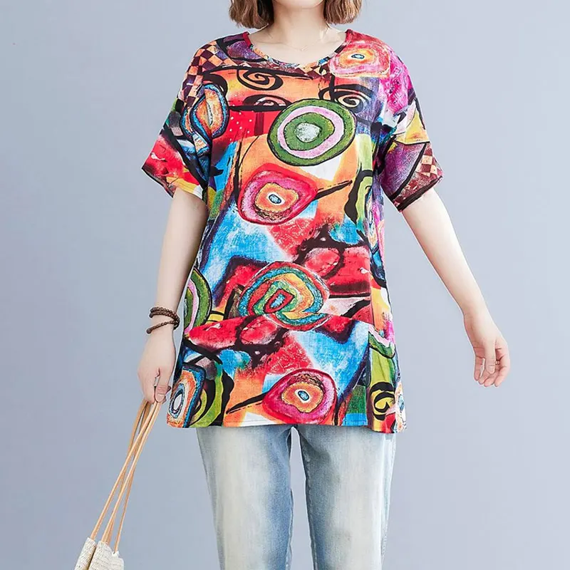 Vintage Hand-Painted Printed Midi Pullovers Casual Spliced Loose Women's Clothing Round Neck Summer Stylish Short Sleeve T-shirt