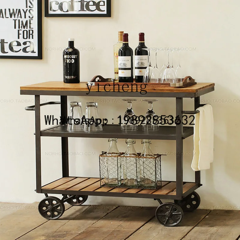 G1   wrought iron dining cart restaurant retro solid wood dining side cabinet wine tea mobile trolley