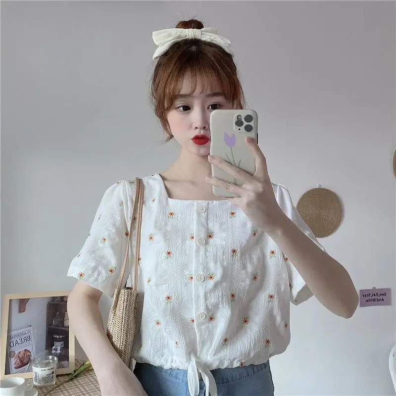 Women Summer Thin Simplicity Sweet Printing Lacing Square Collar Short Sleeve Shirts Women Clothes Casual Appear Thin Trend Tops