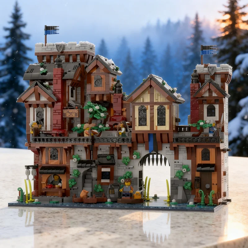 

5668 деталей MOC Средневековые мастерские Замок Черных Соколов, модель, строительные блоки, архитектурные игрушки, рождественские подарки, развивающая игрушка для детей