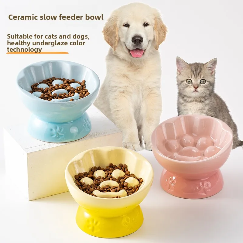 

Ceramic Cat Slow Food Bowl Cute Slanted Mouth Dog Feeding Basin Creative Large Capacity Pet High Foot Bowl Kitten Puppy