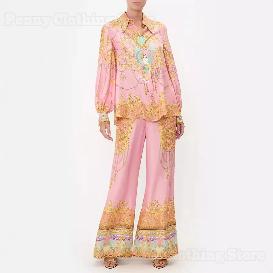 2025 New European And American Casual Vacation Long-Sleeved Pink Printed Shirt And Trousers Two-Piece Suit For Women