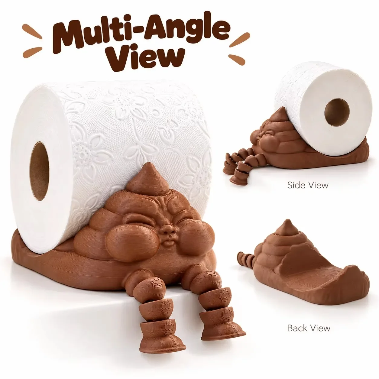 3D Printed Funny Poop Toilet Paper Holder with Articulated Legs, Novelty Bathroom Tissue Roll Stand, Desktop Decor Gift