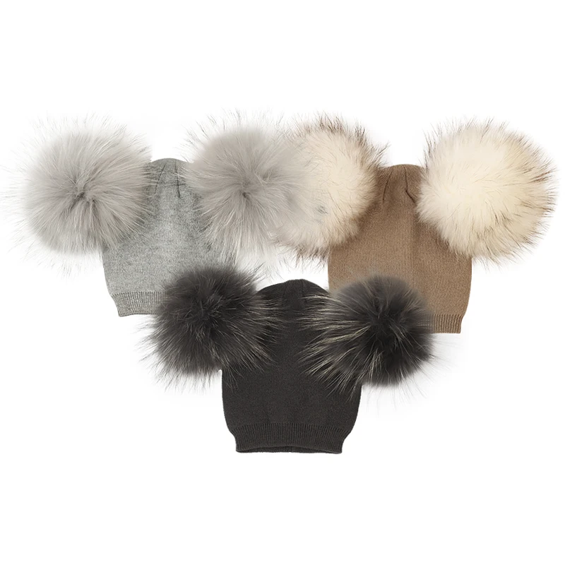 Baby Girls Boys Winter Children Wool Hats With Double Real Fur Pompon Kids Cap Thick Warm Knitted Beanies Outdoor Windproof Hats