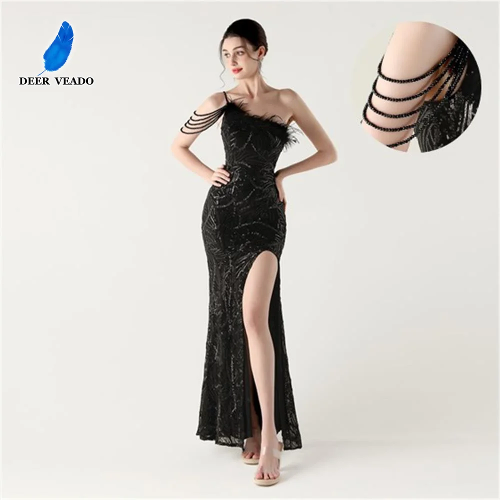 

DEERVEADO 10 Colors Elegant Mermaid Slit Evening Dress for Woman One Shoulder Strap Sequins Formal Dress Wedding Party Dresses