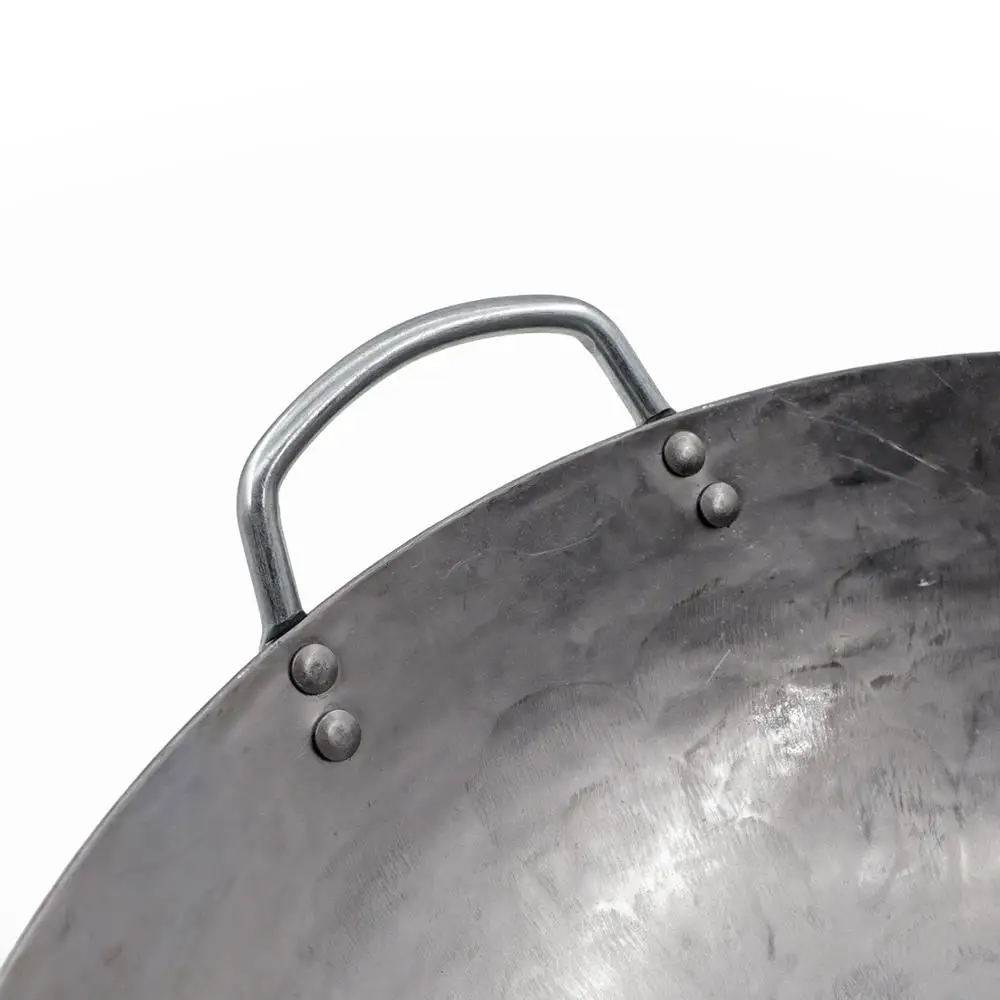 Traditional Hand Hammered Carbon Steel Pow Wok with Wooden and Steel Helper Handle, Round Bottom