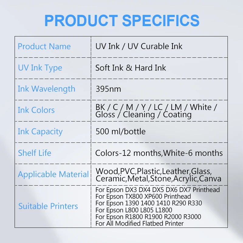 Tinta LED UV de 500ML para cabezal de impresión Epson 1390, L800, L1800, L805, R1800, R1900, DX4, DX5, DX6, DX7, DX10, TX800, XP600