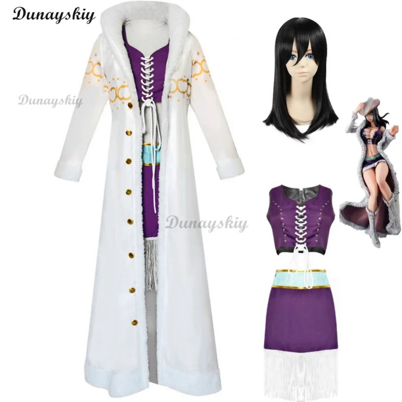 

Anime Nico·Robin Cosplay Costume Miss·Allsunday Wig Large Fur Collar White Cape Windbreaker Woman Sexy Halloween Carnival Suit