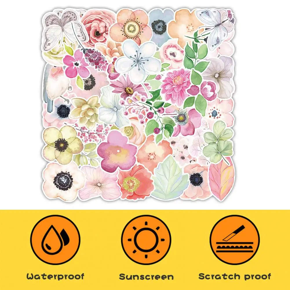 Waterproof Stickers Floral Scrapbooking Stickers Set 50pcs Waterproof Reusable Decoration Sticker for Book Cup for Scrapbooking