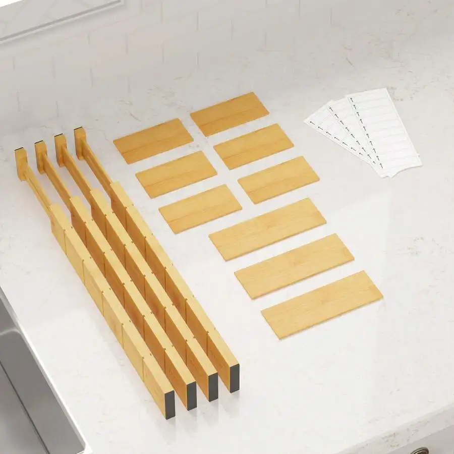 Bamboo Drawer Separators With Inserts And Labels, Kitchen Adjustable Drawer Organizers, Expandable Organization For Home And Office, Dresser Dividers With 9 Inserts (17-22 In) Back To School Dormitory Storage view 4