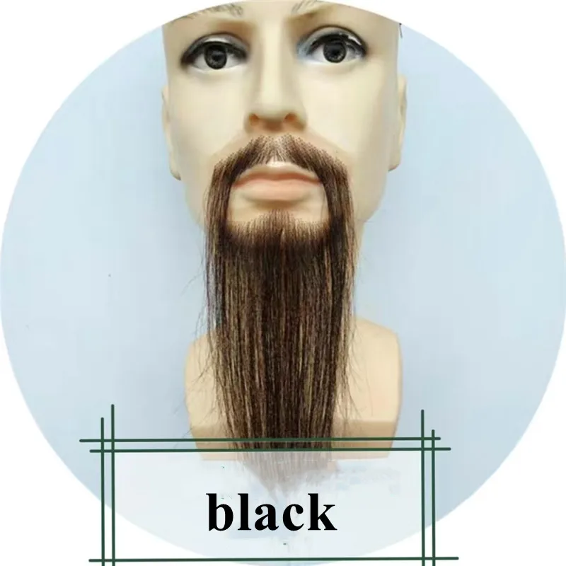 Czarno-szary sztuczny wąsy dla mężczyzn naturalne włosy jaka niewidoczna szwajcarska koronka czarna prosta gruba sztuczna broda do makijażu