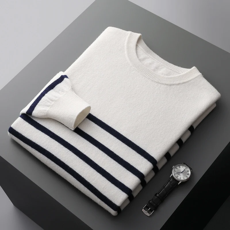 Autumn / winter 100% wool cashmere sweater men's round neck stripe business casual fashion long sleeve pullover sweater knit top