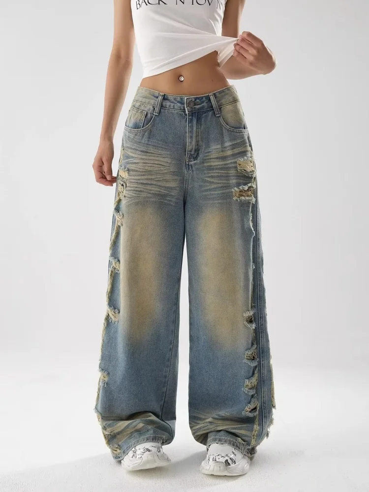 

2025 Ropa Y2K Гранж, потертые синие мешковатые рваные джинсы, брюки для женщин, винтажная одежда 90-х годов, широкие женские джинсовые брюки