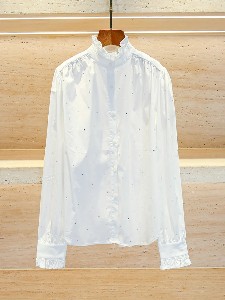 

Ele Early Autumn Stand Collar Beaded irt Versatile High End Women's Faion Top Quali Commute Straight Cut Long Sve