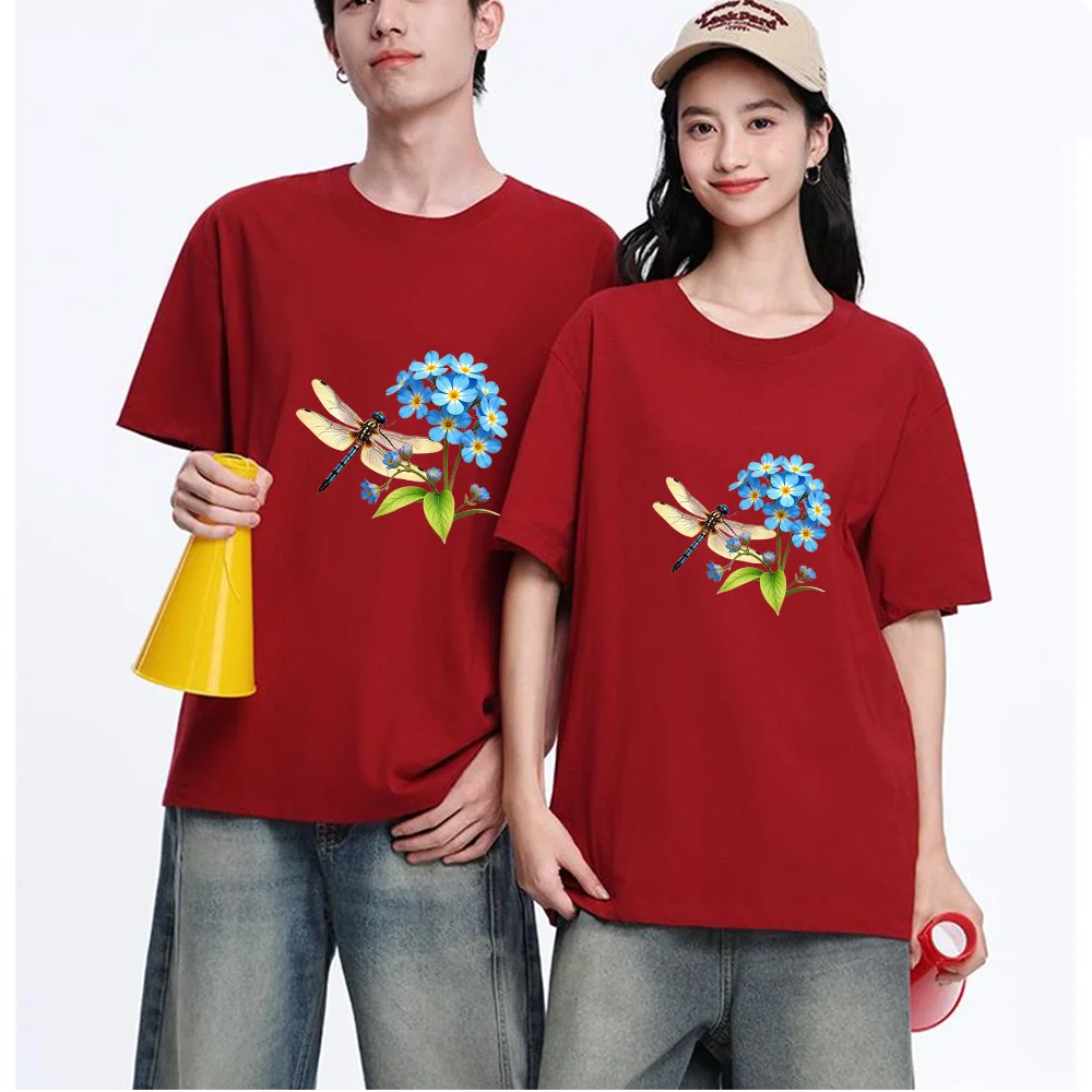 Dragonfly And Blue Flowers Printed T Shirt Breathable Fabric S-XXL Personalized Custom Casual Short Sleeve Tee Aesthetic Graphic