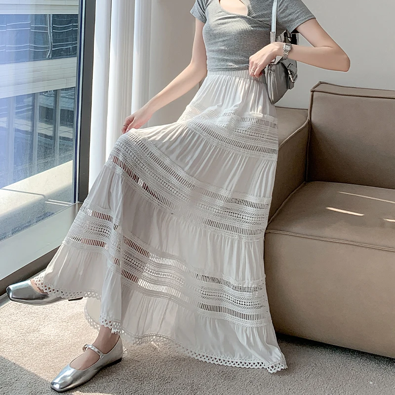 White Maxi Skirt Women 2024 Spring Summer Embroidery Flower Cut-out Semi Sheer Hollow Long Skirts For Women Lace Elegant Outfits