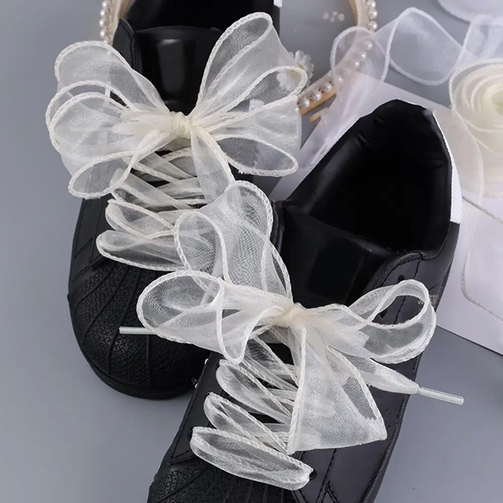 1 Pair 4cm Widen Organza Shoe Strings 120cm Women Bow Shoelaces Flat Silk Satin Ribbon Canvas Sneakers Sport Shoes Laces