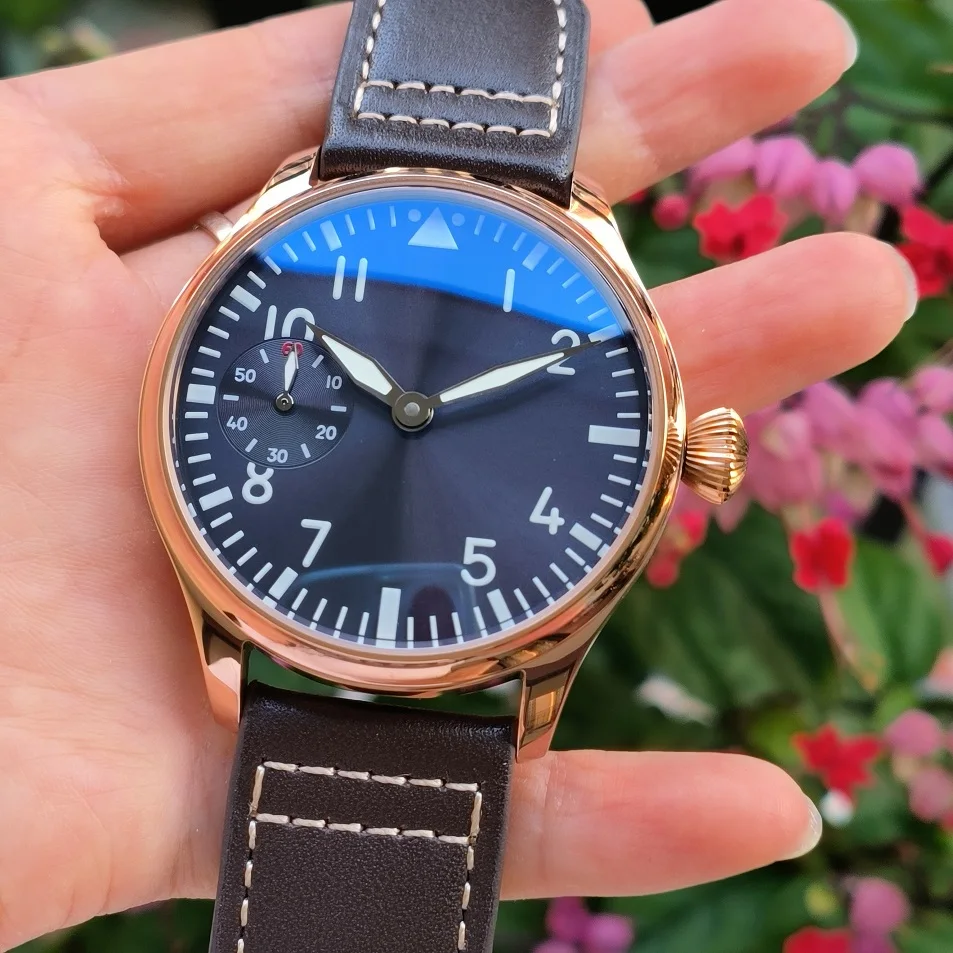 

No logo 44mm Rose gold case Blue dial Pilot style Men's hand mechanical watch AR mineral glass or AR sapphire crystal ST3600