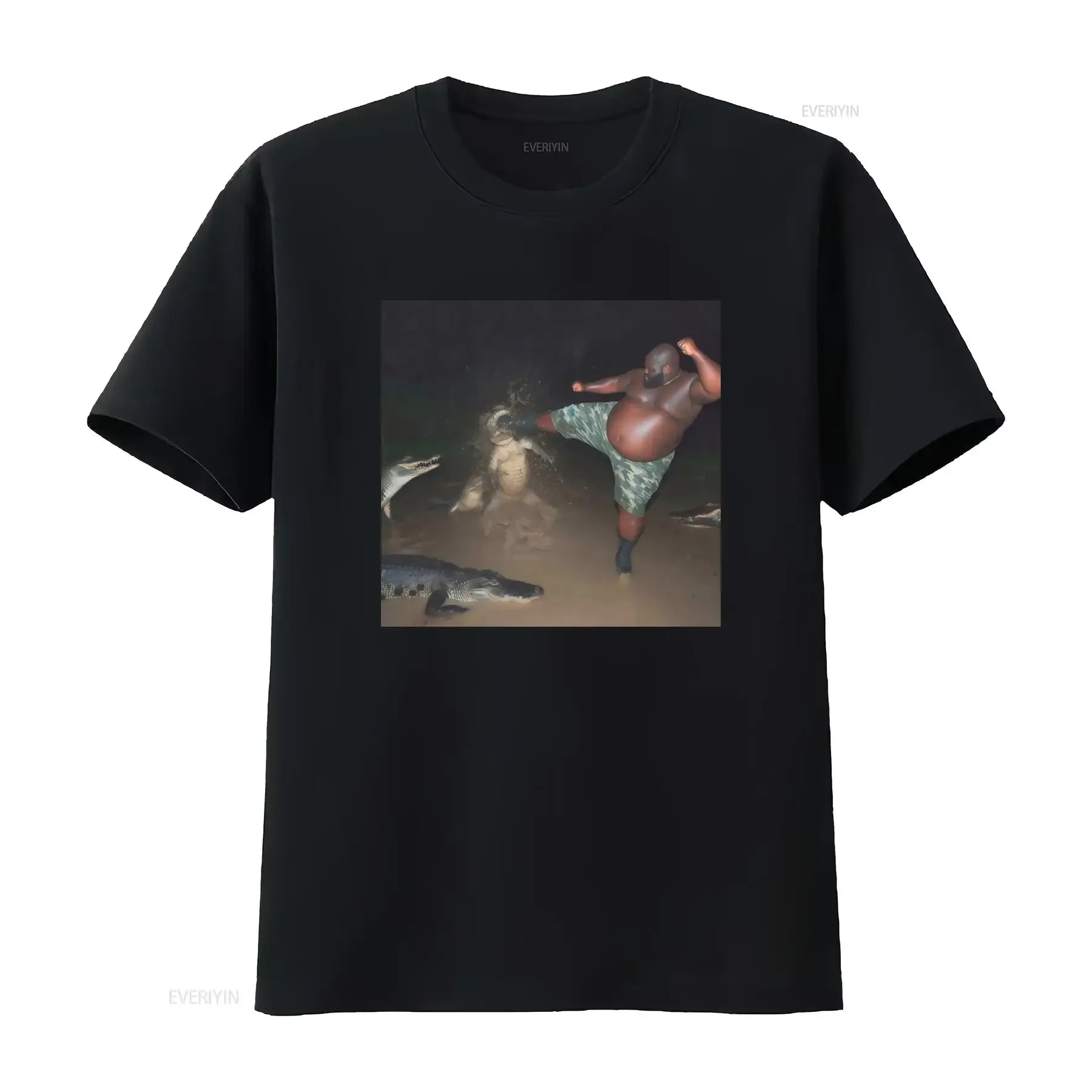 Funny Man Kicking Alligator In Head T Shirt Meme Ironic Parody Style vintage Washed Casual streetwear designer clothes homme